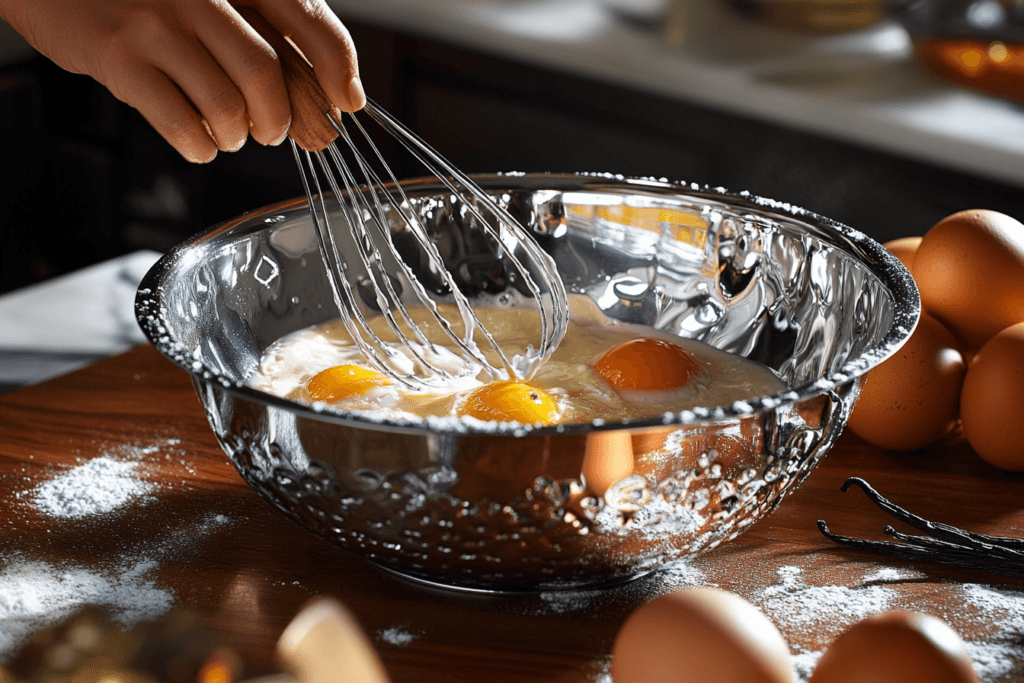A chef whisking egg yolks and cream in a stainless steel mixing bowl with custard ingredients nearby.