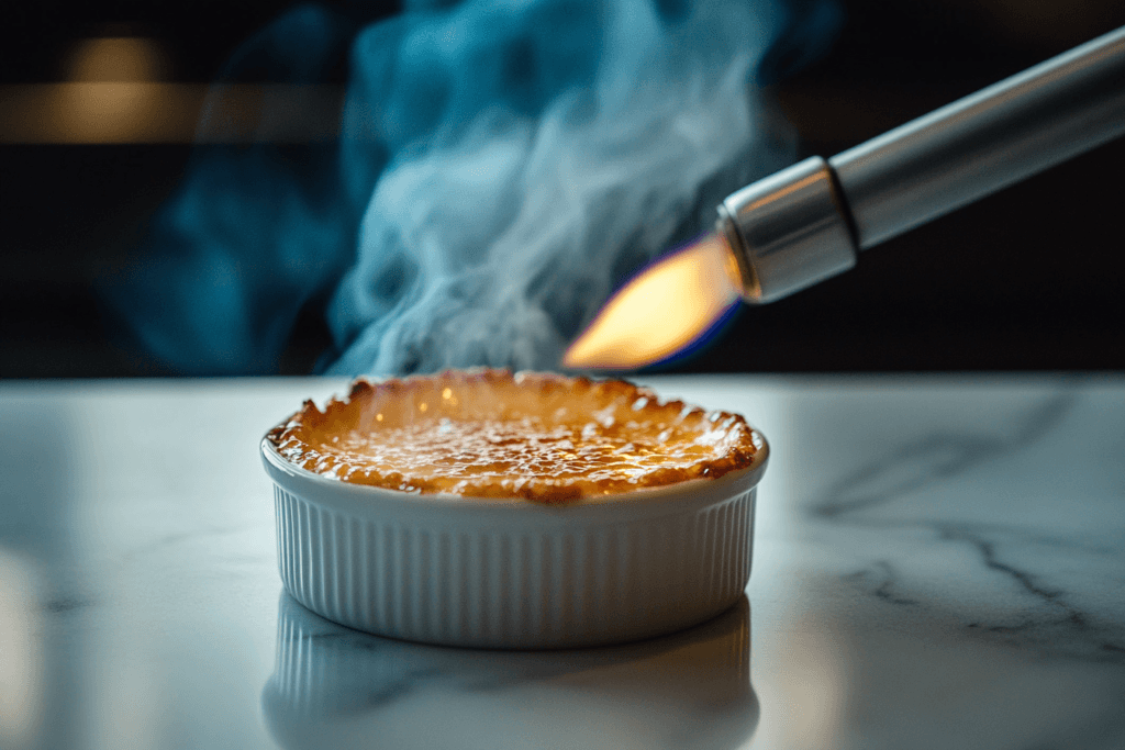 Close-up of a culinary torch caramelizing sugar on crème brûlée in a ramekin.