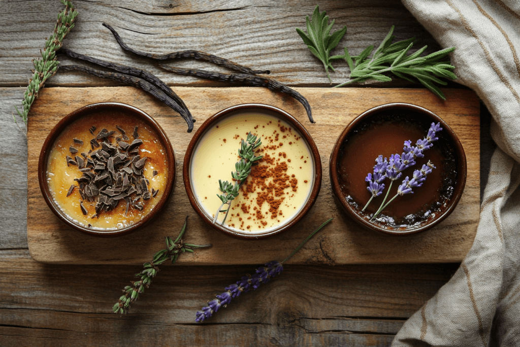 Overhead view of crème brûlée variations: classic vanilla, chocolate, and lavender in ramekins with garnishes.