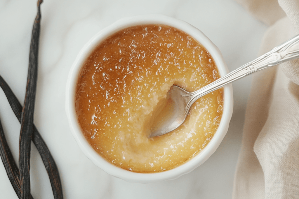 Overhead view of a classic crème brûlée with a cracked caramel topping in a white ramekin.
