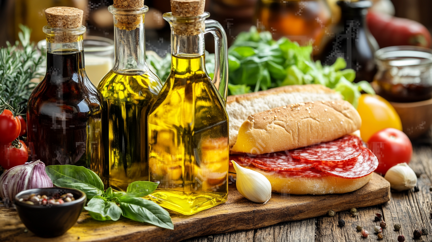 Rustic Mediterranean Sub Sandwich Ingredients with Olive Oils