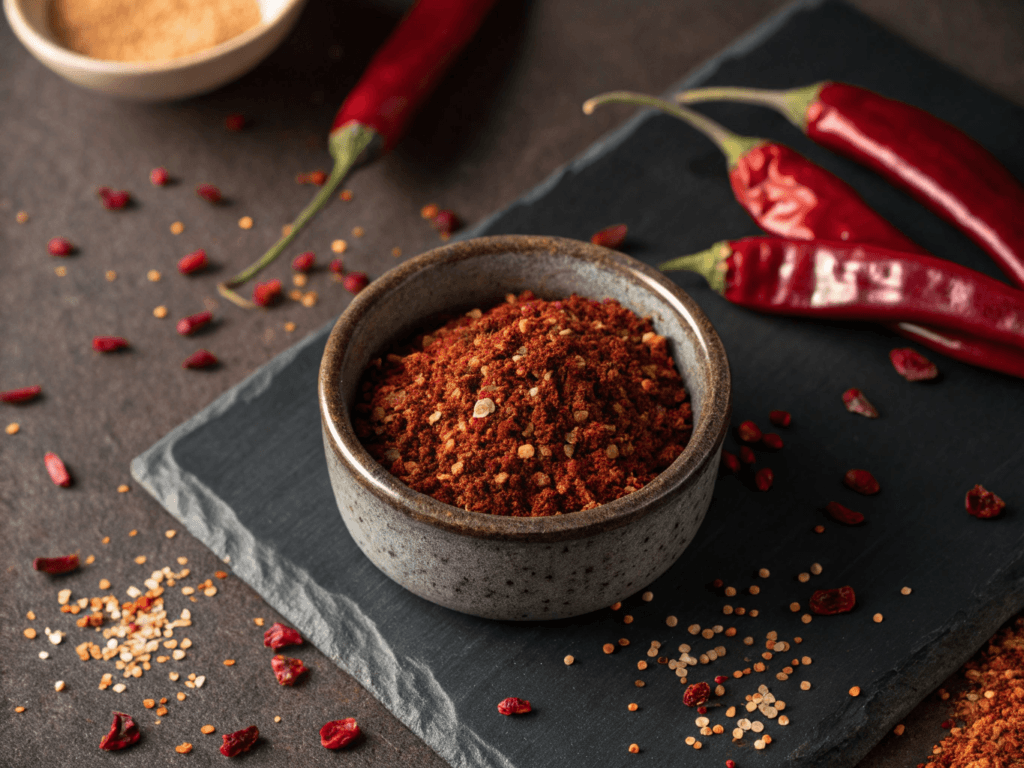Close-up of crushed Aleppo pepper in a bowl, surrounded by fresh chili peppers on a slate background.