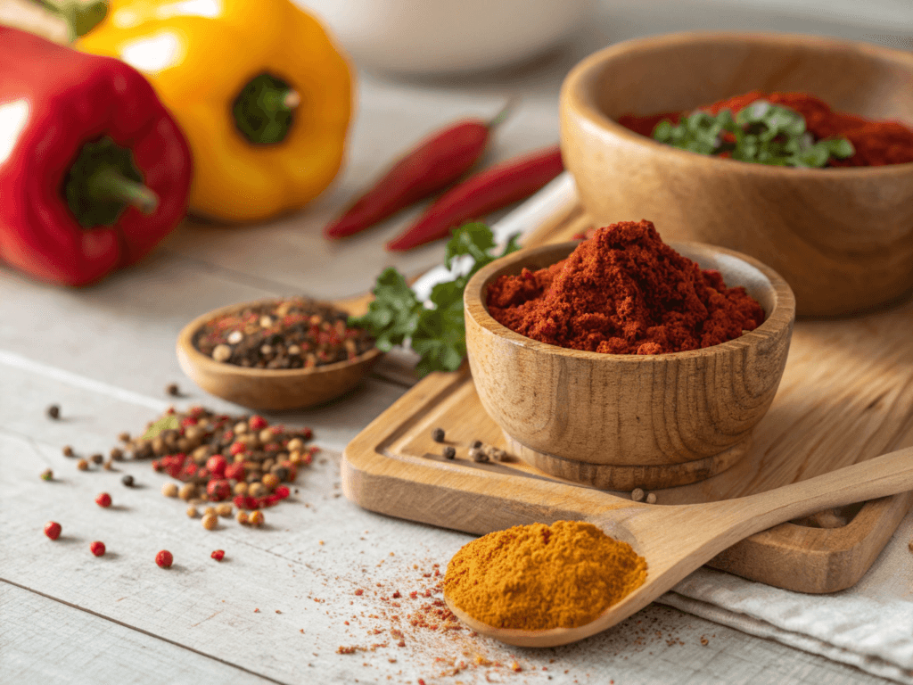 Close-up of paprika and Aleppo pepper in wooden bowls on a rustic table with scattered spices, under natural light.