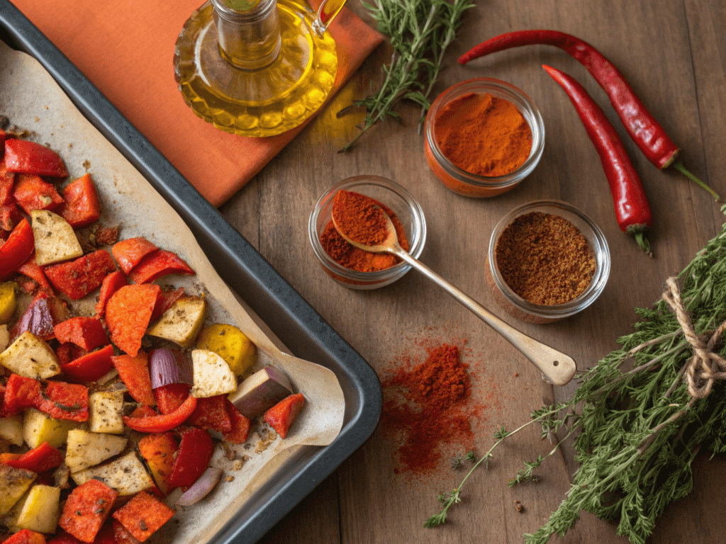 Overhead view of smoked paprika and sweet paprika with roasted vegetables and fresh herbs on a baking tray