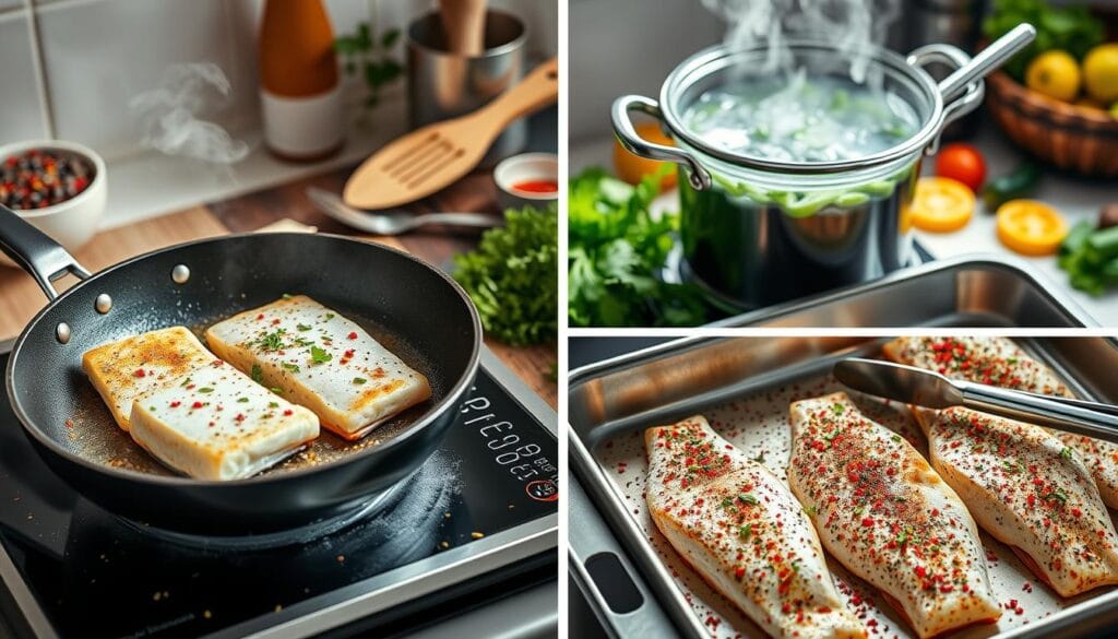 What adjustments must be made when cooking frozen fish without thawing?